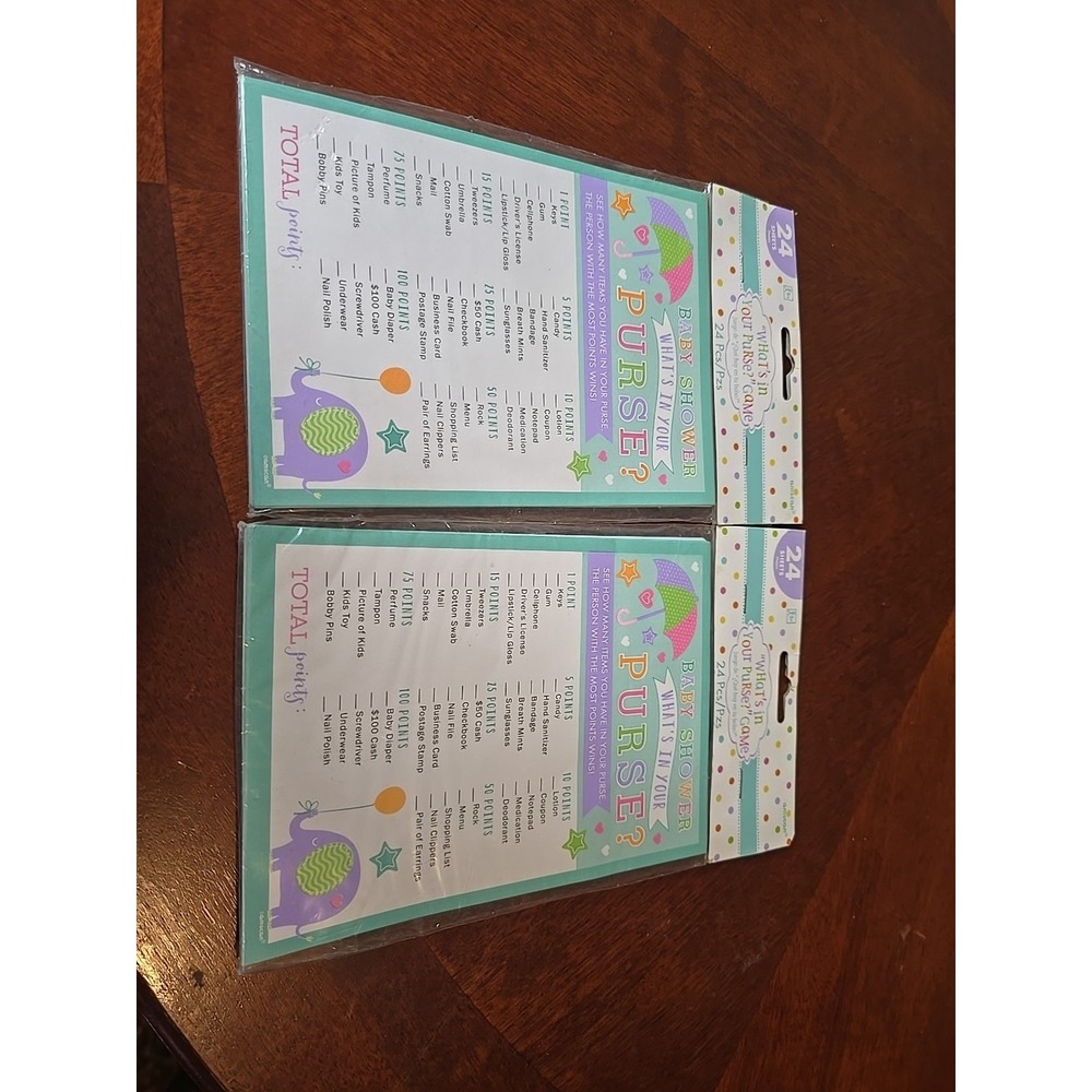 Lot Of 2 NEW Baby Shower "What's In Your Purse" Game -24 Pieces - Elephant Theme